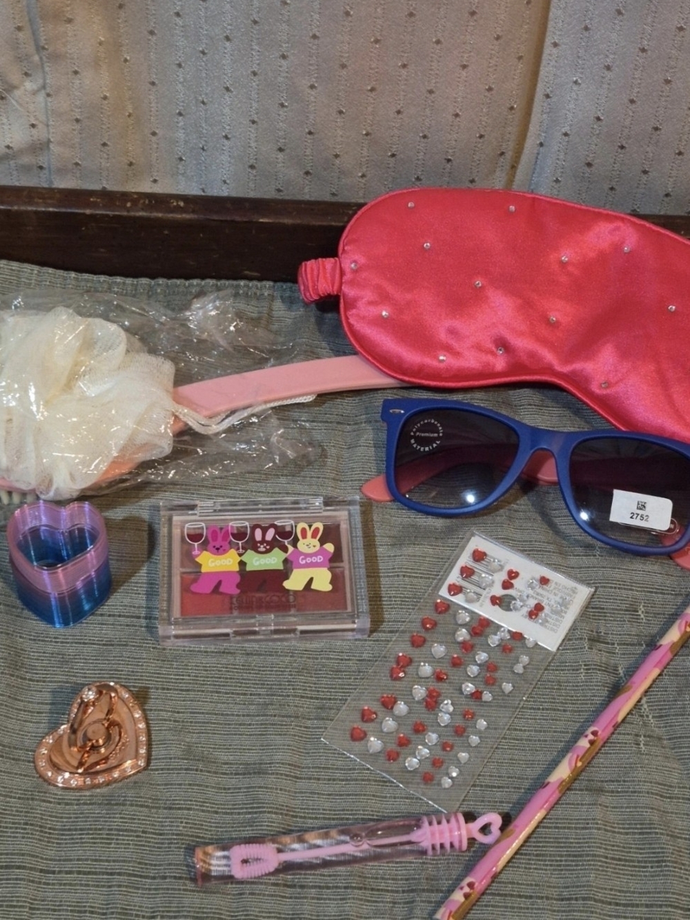 Kids Pink Satin Sleep Mask with Blue Sunglasses and Accessories